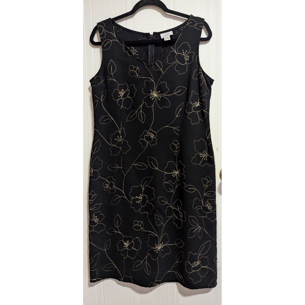 Vtg Ann Taylor Y2K LOFT Black Gold Floral Embroidered Shift Dress Sleeveless 12